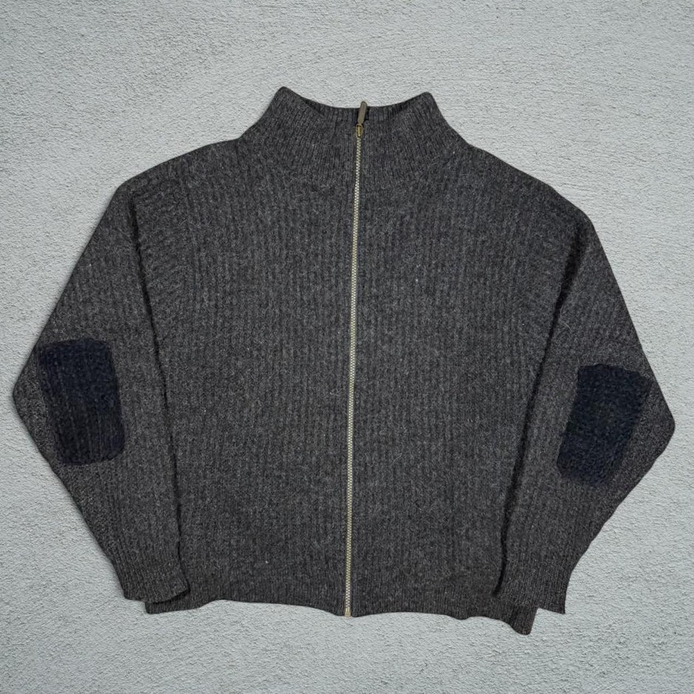 Vintage 80s LL Bean Wool Alpaca Zip Up Sweater Grey Shoulder Patches Mens Medium